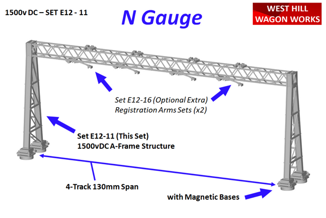 E12-11 - N-Gauge OHLE - 1500vDC - A-Frame Structure Kit for 4-Track (130mm Span)