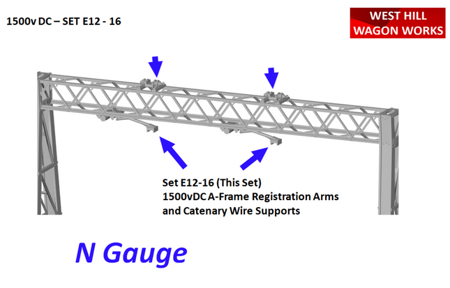 E12-16 - N-Gauge OHLE - 1500vDC Registration Arms and Catenary Wire Supports Kit for A-Frame Structures
