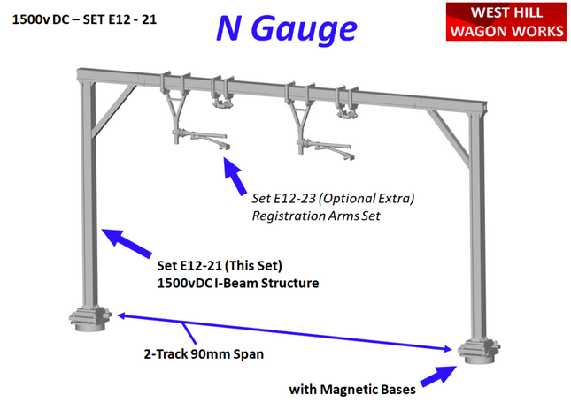 E12-21 - N-Gauge OHLE - 1500vDC - I-Beam Structure Kit for 2-Track (90mm Span)