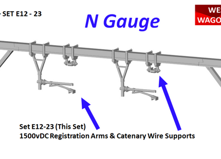 E12-23 - N-Gauge OHLE - 1500vDC Registration Arms and Catenary Wire Supports Kit for I-Beam Structures
