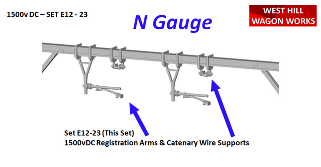 E12-23 - N-Gauge OHLE - 1500vDC Registration Arms and Catenary Wire Supports Kit for I-Beam Structures