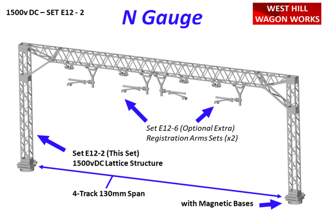 E12-2 - N-Gauge OHLE - 1500vDC - Lattice Structure Kit for 4-Track (130mm Span)
