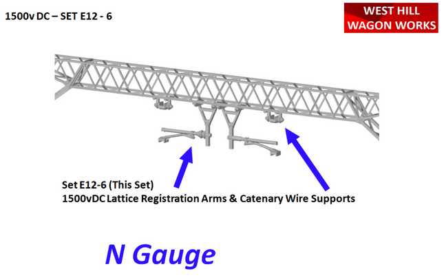 E12-6 - N-Gauge OHLE - 1500vDC Registration Arms and Catenary Wire Supports Kit for Lattice Structures