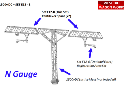 E12-8 - N-Gauge OHLE - 1500vDC 40mm Cantilever Spans (Pack of 2) for Lattice Structures