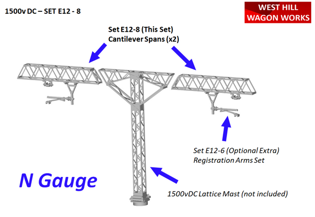E12-8 - N-Gauge OHLE - 1500vDC 40mm Cantilever Spans (Pack of 2) for Lattice Structures