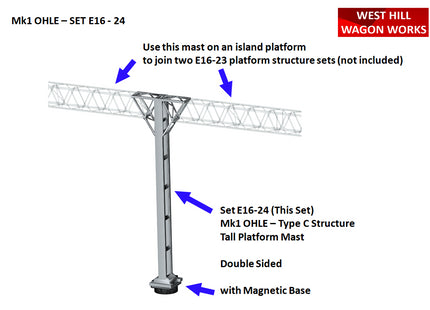 E16-24 - Mk1 OHLE Type C Platform Mast Kit - 1 Double Sided Tall Mast (OO Gauge)