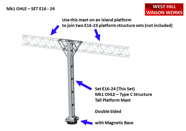 E16-24 - Mk1 OHLE Type C Platform Mast Kit - 1 Double Sided Tall Mast (OO Gauge)