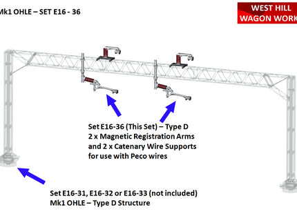E16-36 - Mk1 OHLE Type D Registration Arms and Catenary Wire Supports Kit for Type D Structures (OO Gauge)