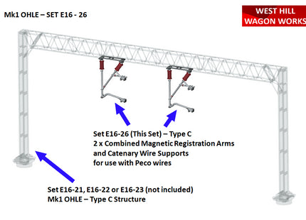 E16-26 - Mk1 OHLE Type C Registration Arms / Catenary Wire Supports Kit for Type C Structures (OO Gauge)