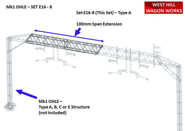 E16-8 - Mk1 OHLE Type A 100mm Span Extension for Type A,B,C & E Structures (OO Gauge)