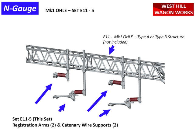 E11-5 - N-Gauge OHLE - Mk1 Registration Arms and Catenary Wire Supports Kit for Type A or B Structures