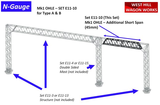 E11-10 - N-Gauge OHLE - Mk1 Additional Short 45mm Spans (Pack of 2) for Type A & B Structures