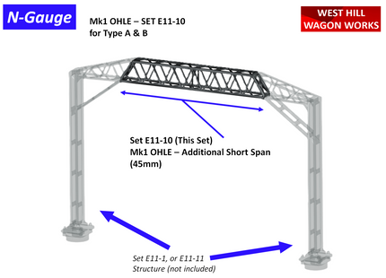 E11-10 - N-Gauge OHLE - Mk1 Additional Short 45mm Spans (Pack of 2) for Type A & B Structures