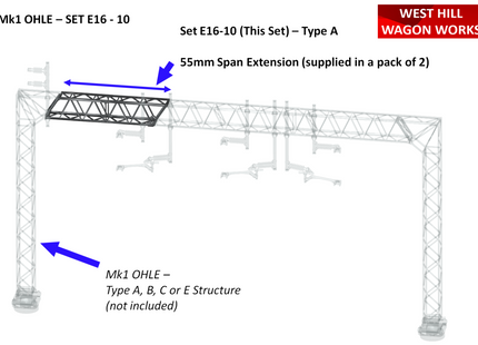 E16-10 - Mk1 OHLE Type A 55mm Span Extensions (Pack of 2) for Type A,B,C & E Structures (OO Gauge)