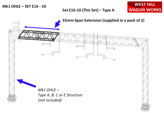 E16-10 - Mk1 OHLE Type A 55mm Span Extensions (Pack of 2) for Type A,B,C & E Structures (OO Gauge)
