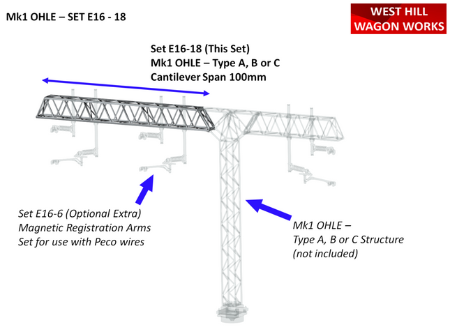 E16-18 - Mk1 OHLE 100mm Cantilever Lattice Span for Type A,B & C Structures (OO Gauge)