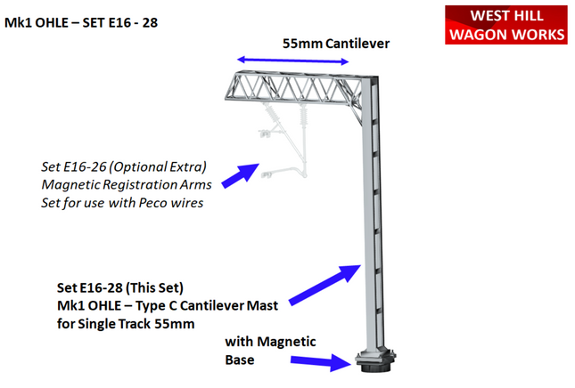 E16-28 - Mk1 OHLE Type C Structure Kit - Cantilever Tall Mast for Single Track (OO Gauge)