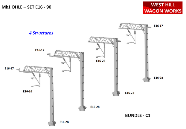 E16-90 - Mk1 OHLE Type C Bundle Pack C1 - Four x Single Track Cantilever Structure Kits (OO Gauge)