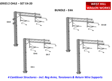 E4-20 SERIES 2 - Two Track Cantilever Bundle Pack of 4 Masts (100mm) incl. Reg Arms - OO Gauge OHLE Kit E4A
