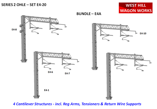 E4-20 SERIES 2 - Two Track Cantilever Bundle Pack of 4 Masts (100mm) incl. Reg Arms - OO Gauge OHLE Kit E4A