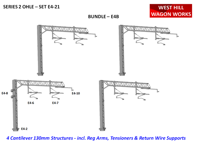 E4-21 SERIES 2 - Two Track Cantilever Bundle Pack of 4 Masts (130mm) incl. Reg Arms - OO Gauge OHLE Kit E4B