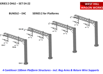 E4-22 SERIES 2 - Two Track Platform Cantilever Bundle Pack of 4 Masts (130mm) incl. Reg Arms - OO Gauge OHLE Kit E4C