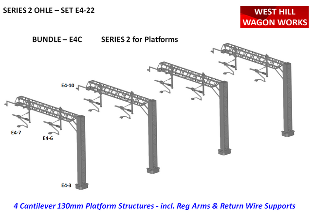 E4-22 SERIES 2 - Two Track Platform Cantilever Bundle Pack of 4 Masts (130mm) incl. Reg Arms - OO Gauge OHLE Kit E4C